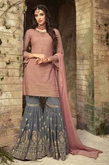 Rose Gold Embroidered Georgette  Straight Suit Free size full stitched Up To 42" Size
