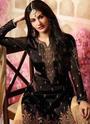 Brown Embroidered Georgette Straight Suit Free size Semi stitched Up To 42" Size 2