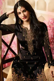 Brown Embroidered Georgette Straight Suit Free size Semi stitched Up To 42" Size