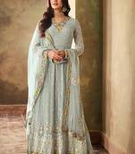 Dusty Blue Embroidered Georgette Anarkali Suit Free size full stitched Up To 42" Size