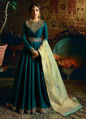 Turquoise Embroidered Satin Georgette Anarkali Suit Free size full stitched Up To 42" Size 1