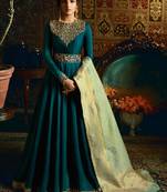 Turquoise Embroidered Satin Georgette Anarkali Suit Free size full stitched Up To 42" Size