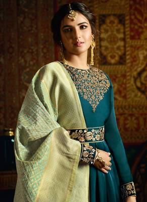 Turquoise Embroidered Satin Georgette Anarkali Suit Free size full stitched Up To 42" Size 2