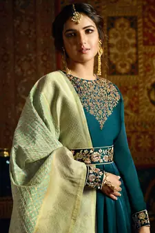 Turquoise Embroidered Satin Georgette Anarkali Suit Free size full stitched Up To 42" Size