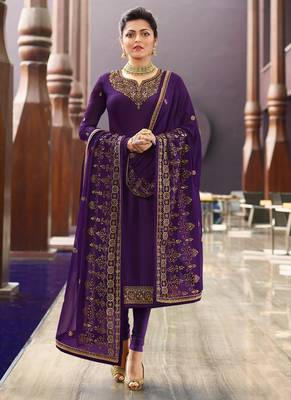 Eid Salwar Suit Purple Satin Georgette Embroidered Festive Straight Suit 1