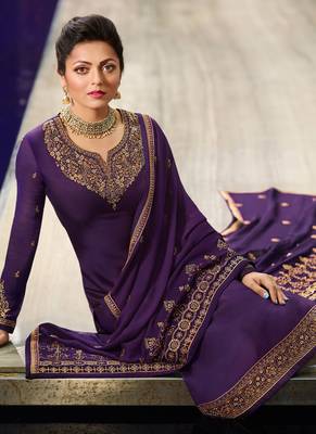Eid Salwar Suit Purple Satin Georgette Embroidered Festive Straight Suit 2