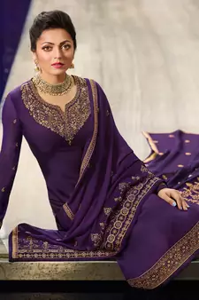 Eid Salwar Suit Purple Satin Georgette Embroidered Festive Straight Suit