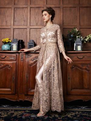 Maahi Styles Net Thread Work Embroidered Rose Gold Anarkali Suit 1