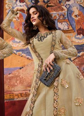 Biege Embroidered Art Silk  Anarkali Suit Free size full stitched Up To 42" Size 2
