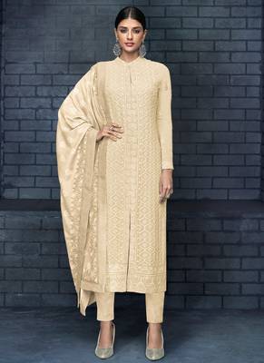 Cream Embroidered Georgette Straight Suit Free size full stitched Up To 42" Size 1