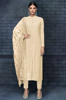 Cream Embroidered Georgette  Straight Suit Free size full stitched Up To 42" Size