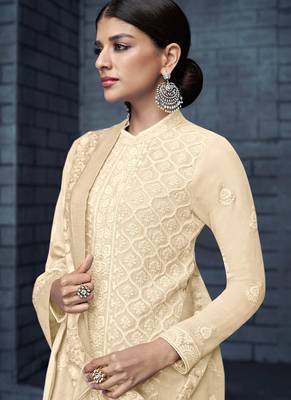 Cream Embroidered Georgette Straight Suit Free size full stitched Up To 42" Size 2