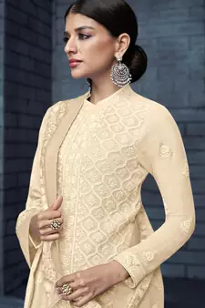 Cream Embroidered Georgette Straight Suit Free size full stitched Up To 42" Size