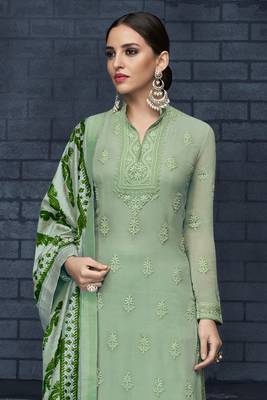 Dusty Green Embroidered Georgette  Straight Suit Free size full stitched Up To 42" Size 2