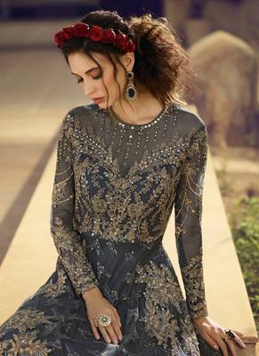 Dark Grey Embroidered Net Anarkali Suit Free size full stitched Up To 42" Size 2