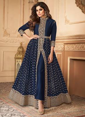 Blue Embroidered Georgette Semi-Stitched Anarkali Suit Up To 42" Size 1