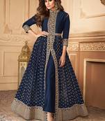 Blue Embroidered Georgette Semi-Stitched Anarkali Suit Up To 42" Size