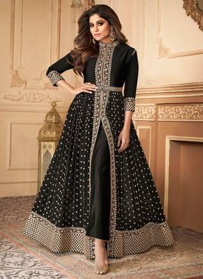 Black Embroidered Georgette Semi-Stitched Anarkali Suit Up To 42" Size 1