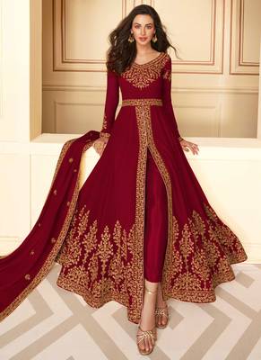 Maroon Embroidered Georgette Anarkali Suit Free size full stitched Up To 42" Size 1