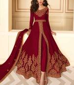 Maroon Embroidered Georgette Anarkali Suit Free size full stitched Up To 42" Size