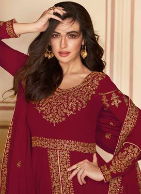Maroon Embroidered Georgette Anarkali Suit Free size full stitched Up To 42" Size 2