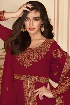 Maroon Embroidered Georgette Anarkali Suit Free size full stitched Up To 42" Size