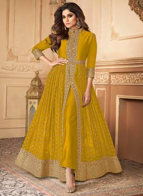 Mustard Embroidered Georgette Semi-Stitched Anarkali Suit Up To 42" Size 1