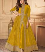 Mustard Embroidered Georgette Semi-Stitched Anarkali Suit Up To 42" Size