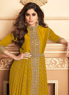 Mustard Embroidered Georgette Semi-Stitched Anarkali Suit Up To 42" Size 2