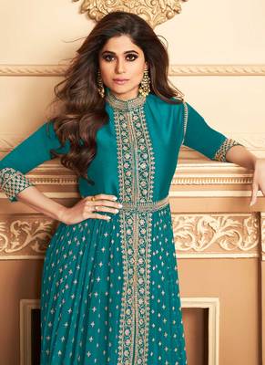 Turquoise Blue Embroidered Georgette  Anarkali Suit Free size full stitched Up To 42" Size 2