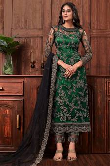 Green Embroidered Net  Straight Suit Free size full stitched Up To 42" Size
