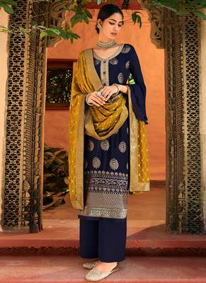 Blue Embroidered Chinnon  Straight Suit Free size full stitched Up To 42" Size 1