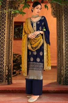 Blue Embroidered Chinnon  Straight Suit Free size full stitched Up To 42" Size