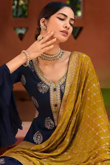 Blue Embroidered Chinnon  Straight Suit Free size full stitched Up To 42" Size