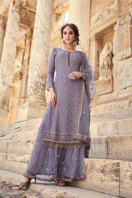 Lilac Embroidered Georgette  Straight Suit Free size full stitched Up To 42" Size 1