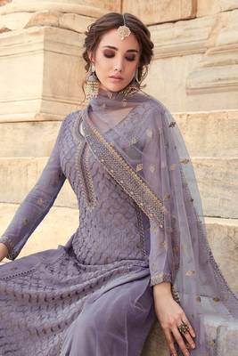 Lilac Embroidered Georgette  Straight Suit Free size full stitched Up To 42" Size 2