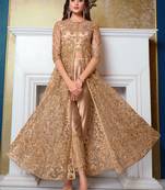 Beige Embroidered Net Anarkali Suit Free size full stitched Up To 42" Size