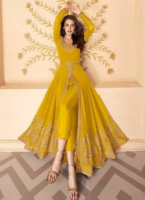 Georgette Thread Embroidered Mustard Anarkali Suit 1