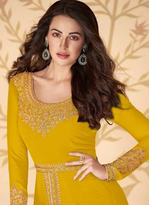 Georgette Thread Embroidered Mustard Anarkali Suit 2
