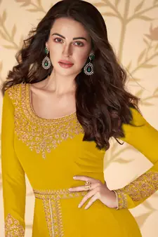 Georgette Thread Embroidered Mustard Anarkali Suit