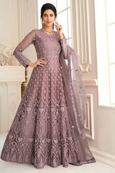 Mauve Embroidered Net  Anarkali Suit Free size full stitched Up To 42" Size