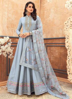 Grey Embroidered Art Silk  Anarkali Suit Free size full stitched Up To 42" Size 1