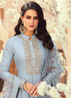 Grey Embroidered Art Silk  Anarkali Suit Free size full stitched Up To 42" Size 2