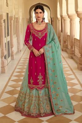 Pink Embroidered Georgette Straight Suit Free size full stitched Up To 42" Size 1