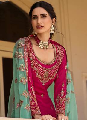 Pink Embroidered Georgette Straight Suit Free size full stitched Up To 42" Size 2