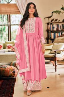 Pink Embroidered Georgette Semi-Stitched Anarkali Suit Up To 42" Size