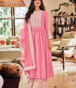 Pink Embroidered Georgette Semi-Stitched Anarkali Suit Up To 42" Size