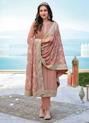 Rose Gold Embroidered Georgette  Straight Suit Free size full stitched Up To 42" Size 1