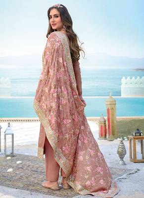 Rose Gold Embroidered Georgette  Straight Suit Free size full stitched Up To 42" Size 2