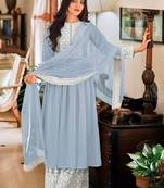 Blue Embroidered Georgette Anarkali Suit Free size full stitched Up To 42" Size